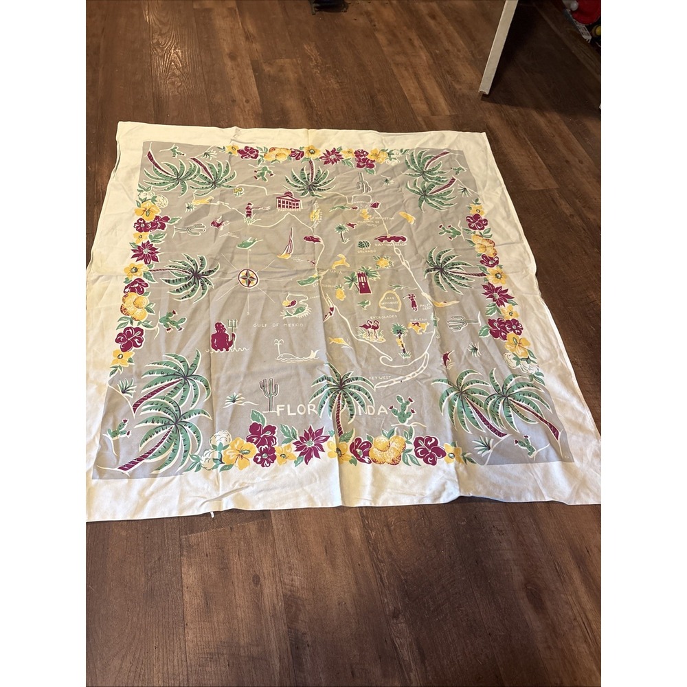 1950's Vintage 46" Square State of Florida Souvenier Tablecloth